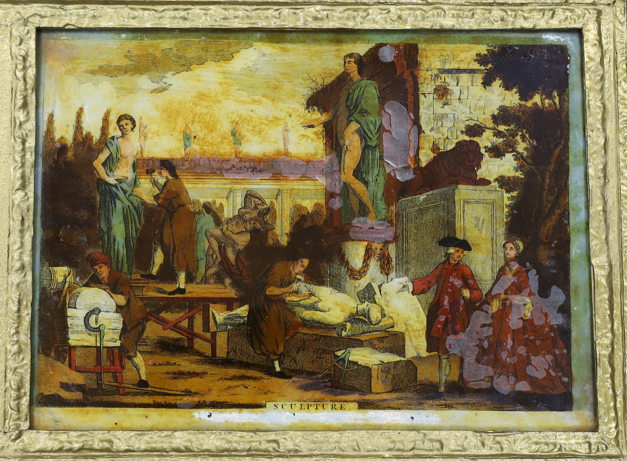 An 18th / 19th century reverse glass painted colour print triptych, Architecture, Astronomy and Sculpture, overall 126 x 37cm